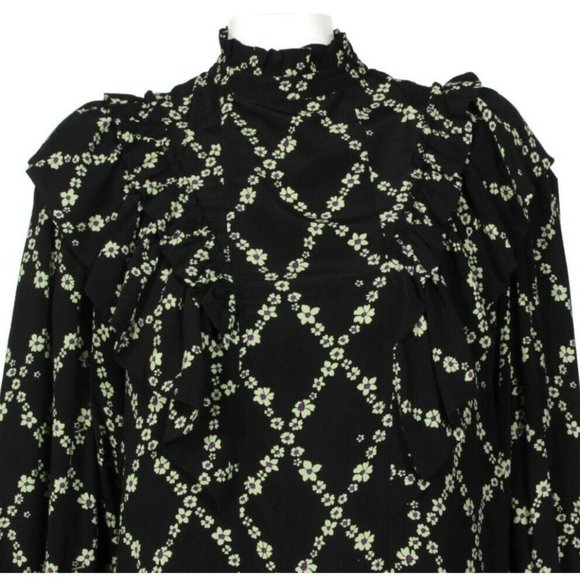 NWT GANNI Crepe Floral Print Mini Dress in Black Margarita Ruffle  sz 36 /655 - Picture 9 of 10